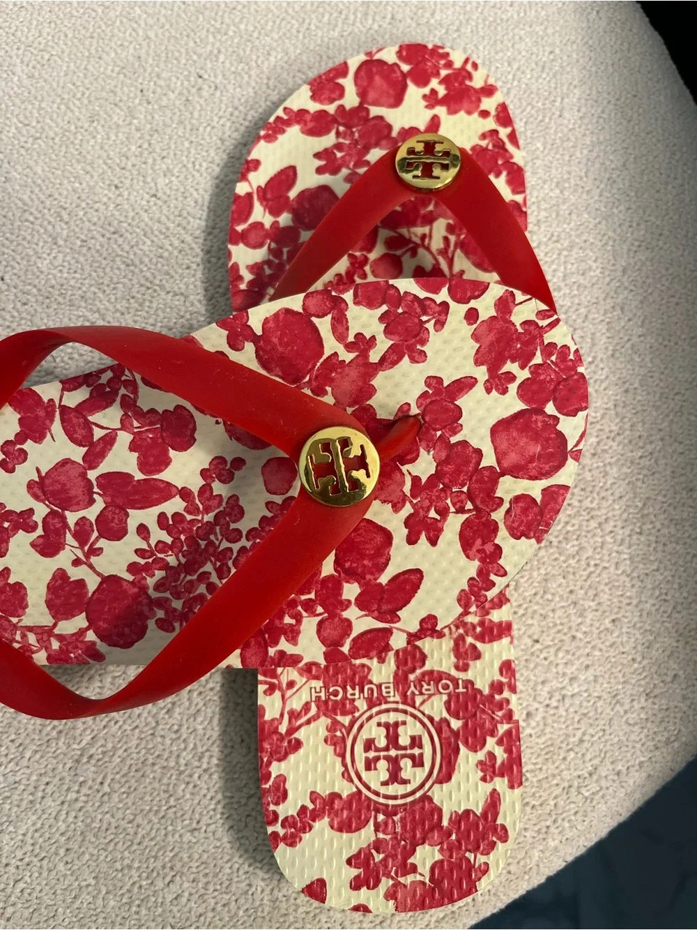 Tory Burch Red Floral Logo Thong Sandals